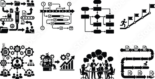Business Process Optimization and Workflow Management Icon Set for Corporate Strategy and Automation
