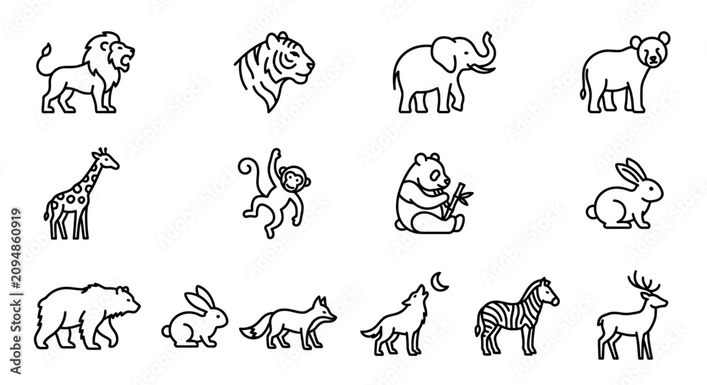 Fototapeta premium Collection of wild animal icons featuring lion tiger elephant bear giraffe monkey panda rabbit fox wolf zebra.