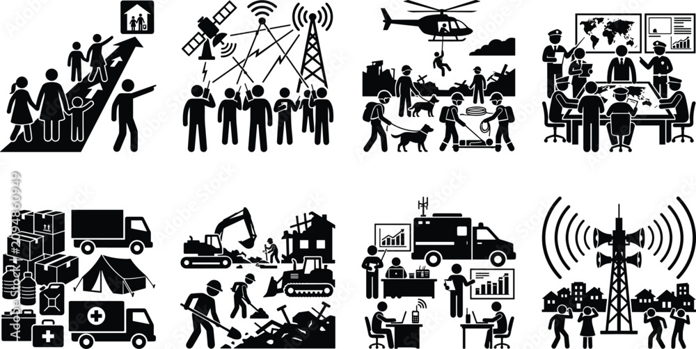 Fototapeta premium Emergency Disaster Relief and Humanitarian Aid Icon Set for Crisis Management and Rescue Logistics