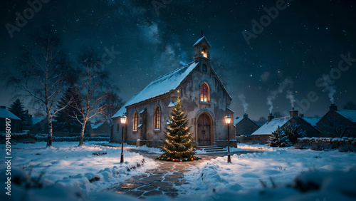 Illuminated christmas tree in front of a snowy stone church at night
