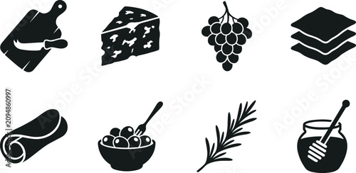 Canvastavla Charcuterie board and cheese platter food ingredients solid black vector icon co