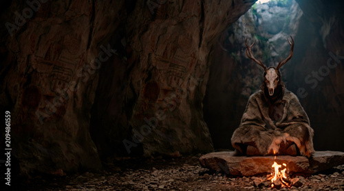 Prehistoric shaman wearing a deer skull mask and fur sitting by a campfire in a dark cave