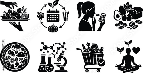 Fotografía Healthy Nutrition and Wellness Lifestyle Icon Set Featuring Diet Tracking Meal P