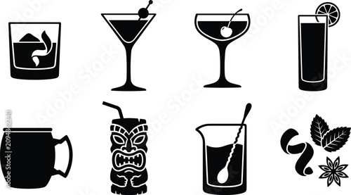 Foto Classic Cocktail and Bartending Mixology Glyph Icon Set for Bar Menus and Drink
