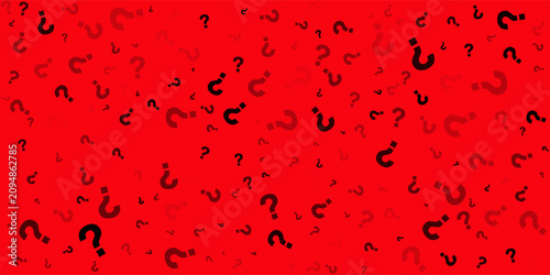 Abstract red background filled with scattered question mark symbols in different sizes and opacity. Modern conceptual pattern representing curiosity, mystery