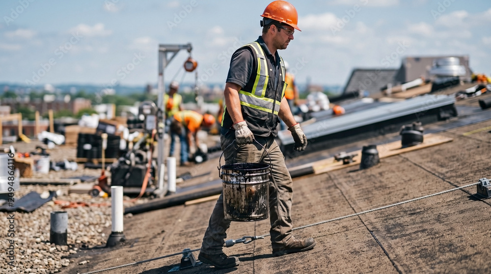 Fototapeta premium Roofing worker walks on commercial building roof carrying utility bucket under clear sky. Experienced roofing worker performs installation, wearing safety hard hat, gloves, reflective vest.
