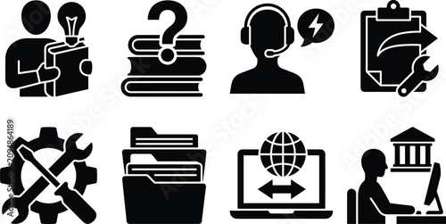Technical support and knowledge base glyph icons set representing customer service data management and online learning