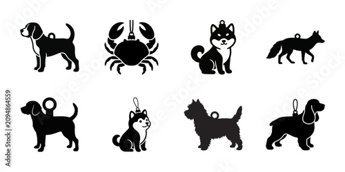 Black Animal Silhouettes Icon Set - Dogs, Fox, Crab Ornaments