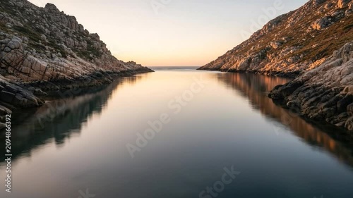 A serene coastal inlet glows during a soft golden sunset hour