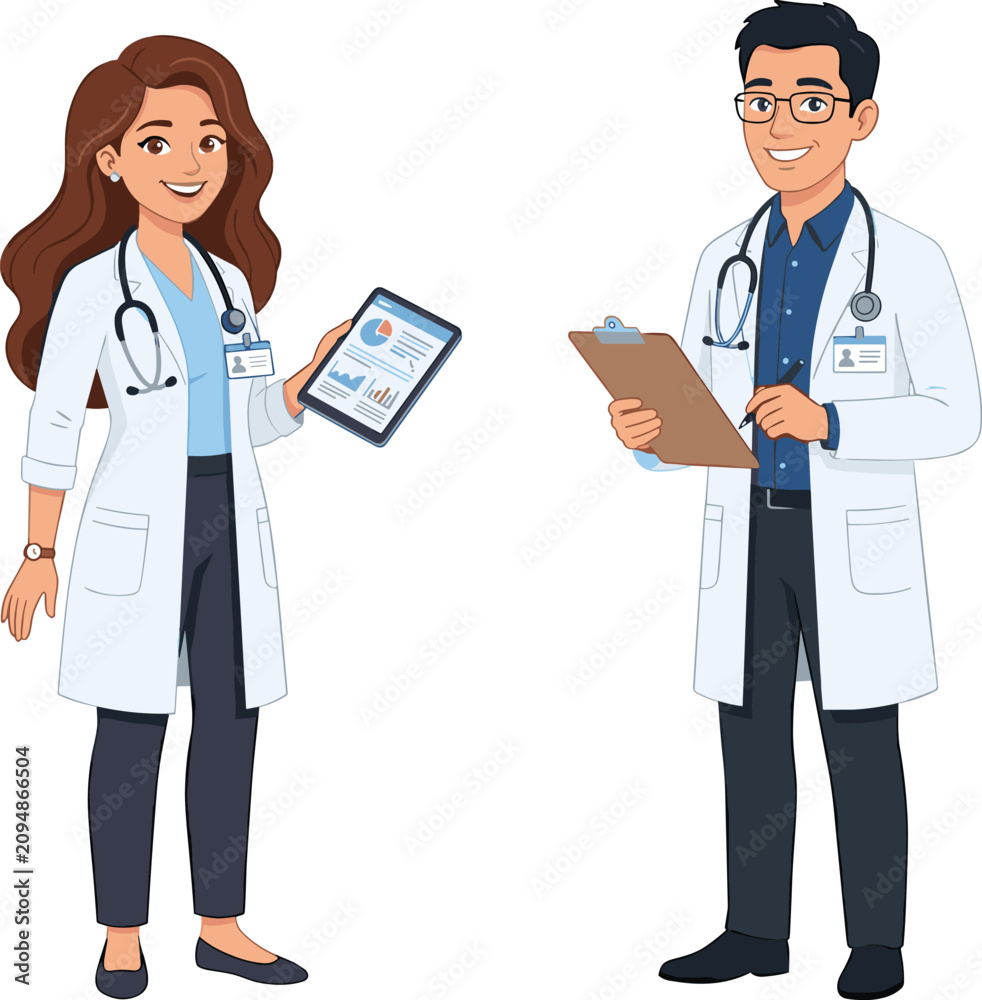 Fototapeta premium Medical Doctors Vector Character Set with Male and Female Healthcare Professionals Holding Tablet and Clipboard for Hospital and Clinic Designs