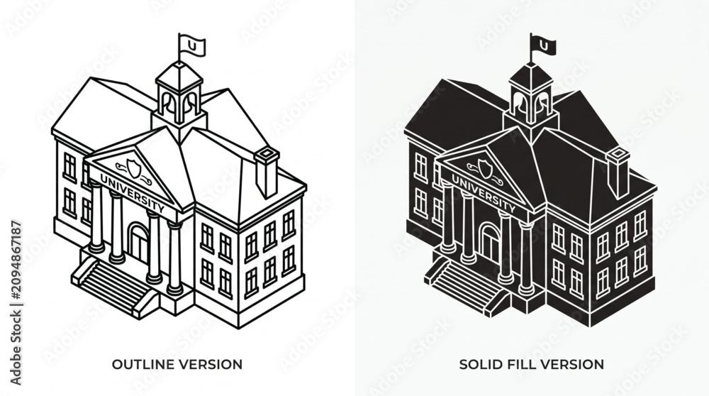 Fototapeta premium Isometric University Building Icon Set with Outline and Solid Fill Campus Vector Design on White Background