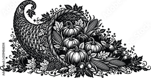 Fotografie Cornucopia with pumpkins, corn, and autumn leaves