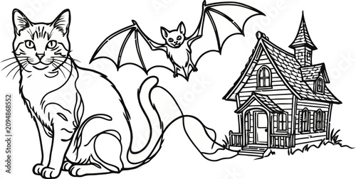 Cute cat with bat wings near haunted house