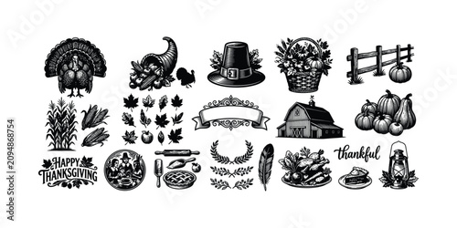 Fotografía Set of thanksgiving elements, turkey, cornucopia, pilgrim hat, harvest basket, b