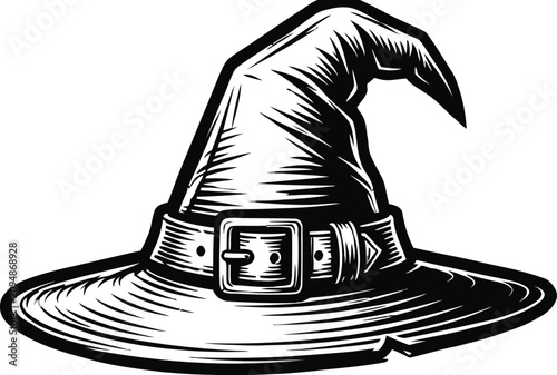 Detailed black and white illustration of a classic witch hat featuring a pointed top and decorative buckle strap.