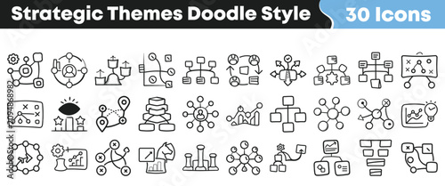 Collection of strategic business theme doodles in a hand drawn style