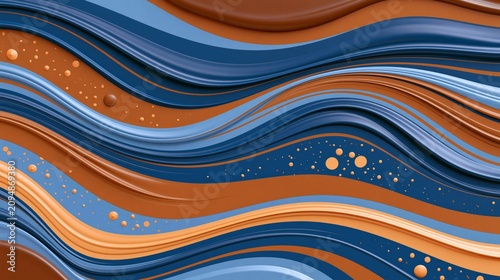 Abstract 3D flowing waves in blue and orange with glossy layered curves. Modern dynamic background for branding, technology and creative design