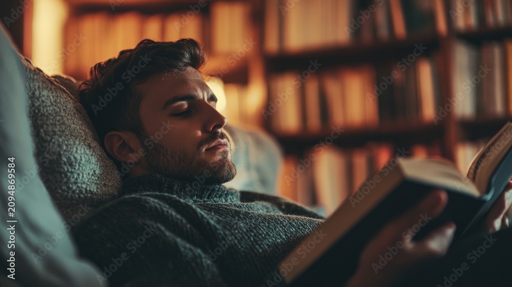 Obraz premium a man sitting calmly in a cozy reading nook after a stressful day; generative ai