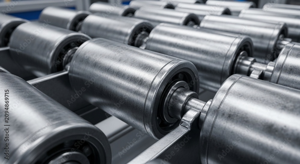 Obraz premium Industrial roller conveyor system, close-up of metal production machinery