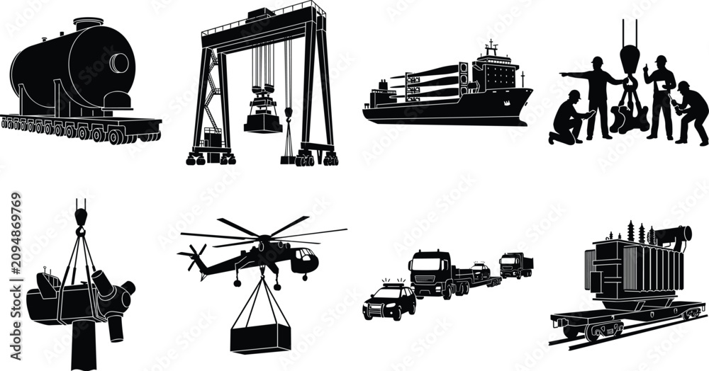 Obraz premium Heavy project cargo transport and industrial lifting equipment black silhouette icon set for logistics design.
