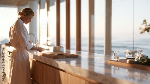 Professional female chef preparing gourmet cuisine in the modern galley of a luxury yacht at sunrise. Premium hospitality, fine dining and exclusive yachting lifestyle