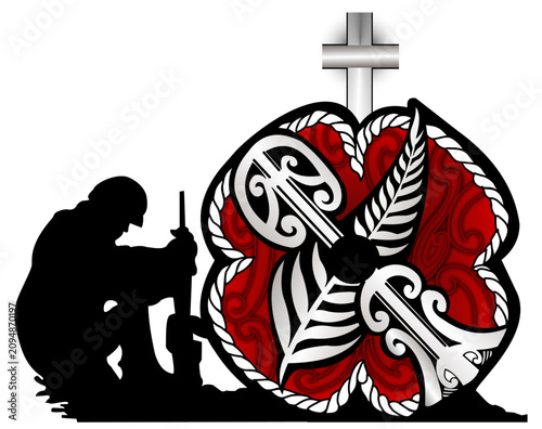 Polynesian tribal Christian cross with praying soldier silhouette and fern, vector illustration
