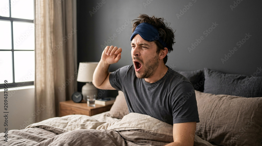 Obraz premium Close up of tired man with sleeping mask yawning and stretching after waking up in the morning