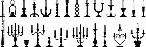 Photos Vintage candlestick and candelabra silhouette icon set, antique candle holder bl