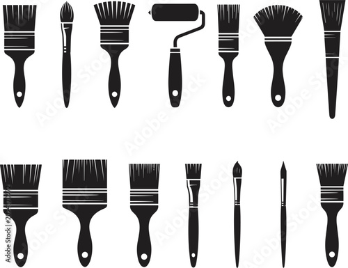 Paint brush and roller silhouette icon set, artist artwork and house renovation tool isolated vector