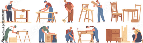 Foto Carpenters and furniture makers working in workshop character set, woodwork manu