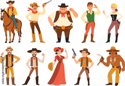 Slika na platnu Wild west cowboy and cowgirl character set, sheriff, gunslinger and native Ameri