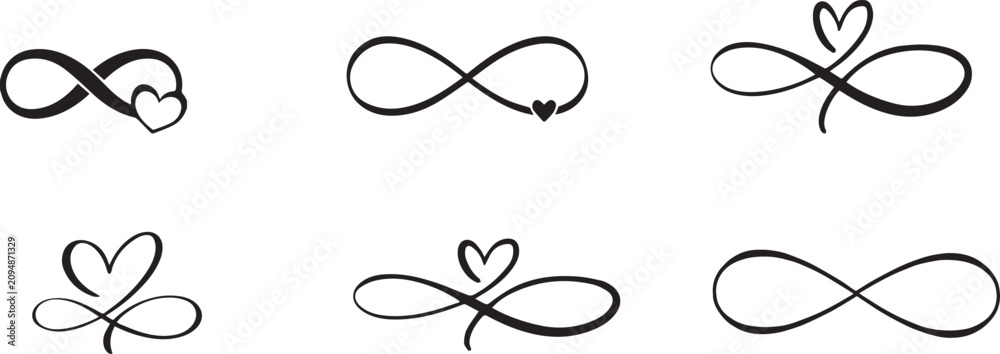 Obraz premium Infinity heart symbol vector set, minimalist black line art loop icons, 6 elegant eternal love calligraphy signs for wedding and tattoo design