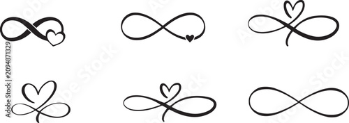 Fotografie Infinity heart symbol vector set, minimalist black line art loop icons, 6 elegan