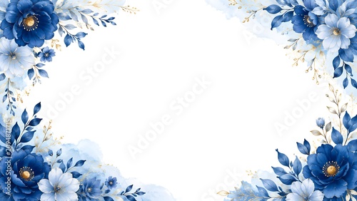 Elegant watercolor floral frame with blue flowers and golden leaves isolated on white background