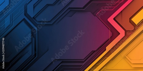 Abstract digital background with geometric shapes and circuit-like patterns in blue, purple, red, and yellow hues.