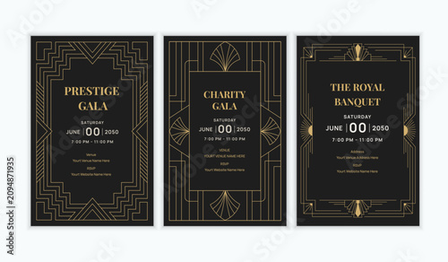 Classic 1920s Art Deco Invitation Card Design Set with Ornate Golden Borders