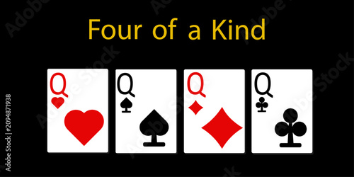 Fotografie Four of a Kind poker hand ranking isolated on black background.
