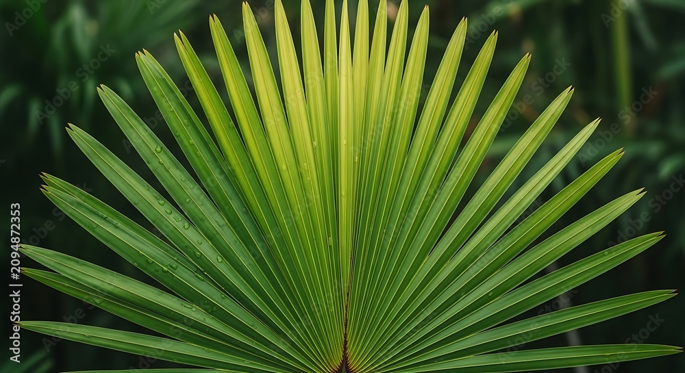 Fototapeta premium Bright green palm leaf in a fan shape with sharp pointed edges against a dark moody background