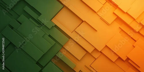 Abstract geometric background with layered rectangular shapes in green and orange hues, creating a modern and dynamic visual effect.