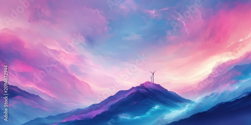 A vibrant, surreal mountain landscape with colorful skies and a lone wind turbine on the peak, blending nature and renewable energy in a dreamy setting.