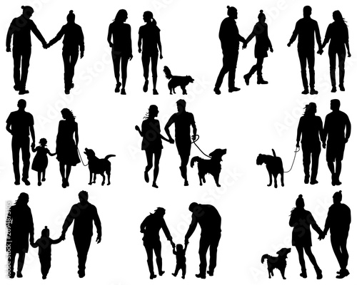 Big set of black silhouettes of couples on a walk