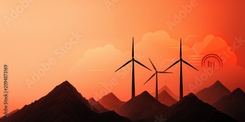Silhouetted wind turbines stand against an orange sky above dark mountain peaks, symbolizing renewable energy and sustainable power in a futuristic landscape.