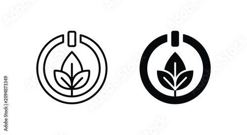 Eco friendly power button icon with leaves symbolising sustainable energy and efficiency.