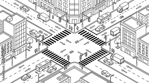Fotografie City Crosswalk Intersection Street Scene.