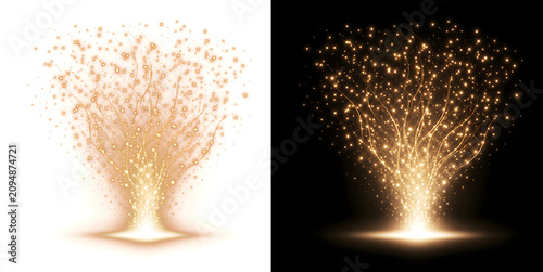 Фотография Magical golden energy fountain effect with sparkling glitter particle explosion