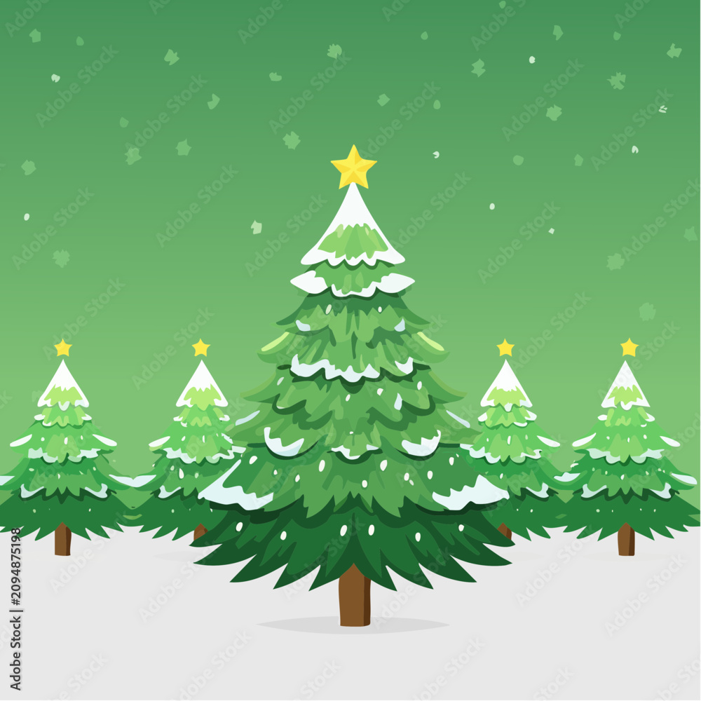 Fototapeta premium Decorative Christmas trees with stars in a snowy forest winter landscape