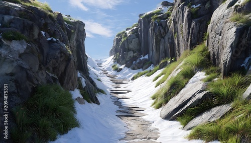 A narrow mountain path covered in snow between two large rocky cliffs under a bright blue sky with green grass