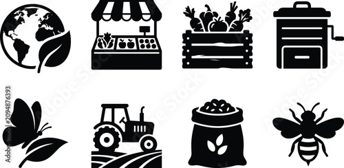 Photos Minimalist black silhouette organic farming and sustainable agriculture icon set