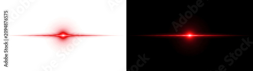 Lens flare red light effect with sparkling horizontal beam streak for overlay use in PNG, Transparent and Black Background Versions
