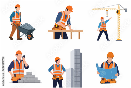 Set of construction workers character vector illustrations showing various building activities, safety gear, tools and planning on a white background